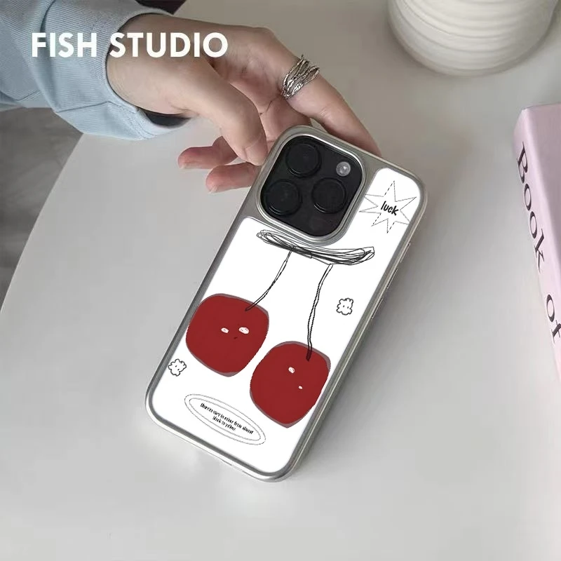 新款韩版50224白底樱桃玻璃手机壳适用苹果16promax小米15华为14