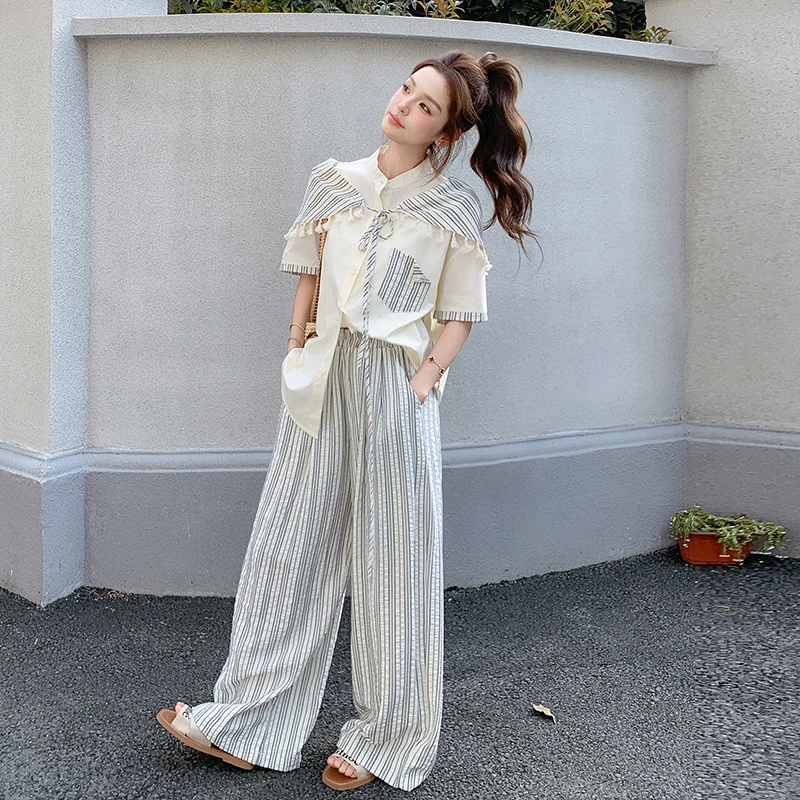 一整套ootd穿搭减龄爆款高级感学院风减龄衬衫条纹阔腿裤两件套装