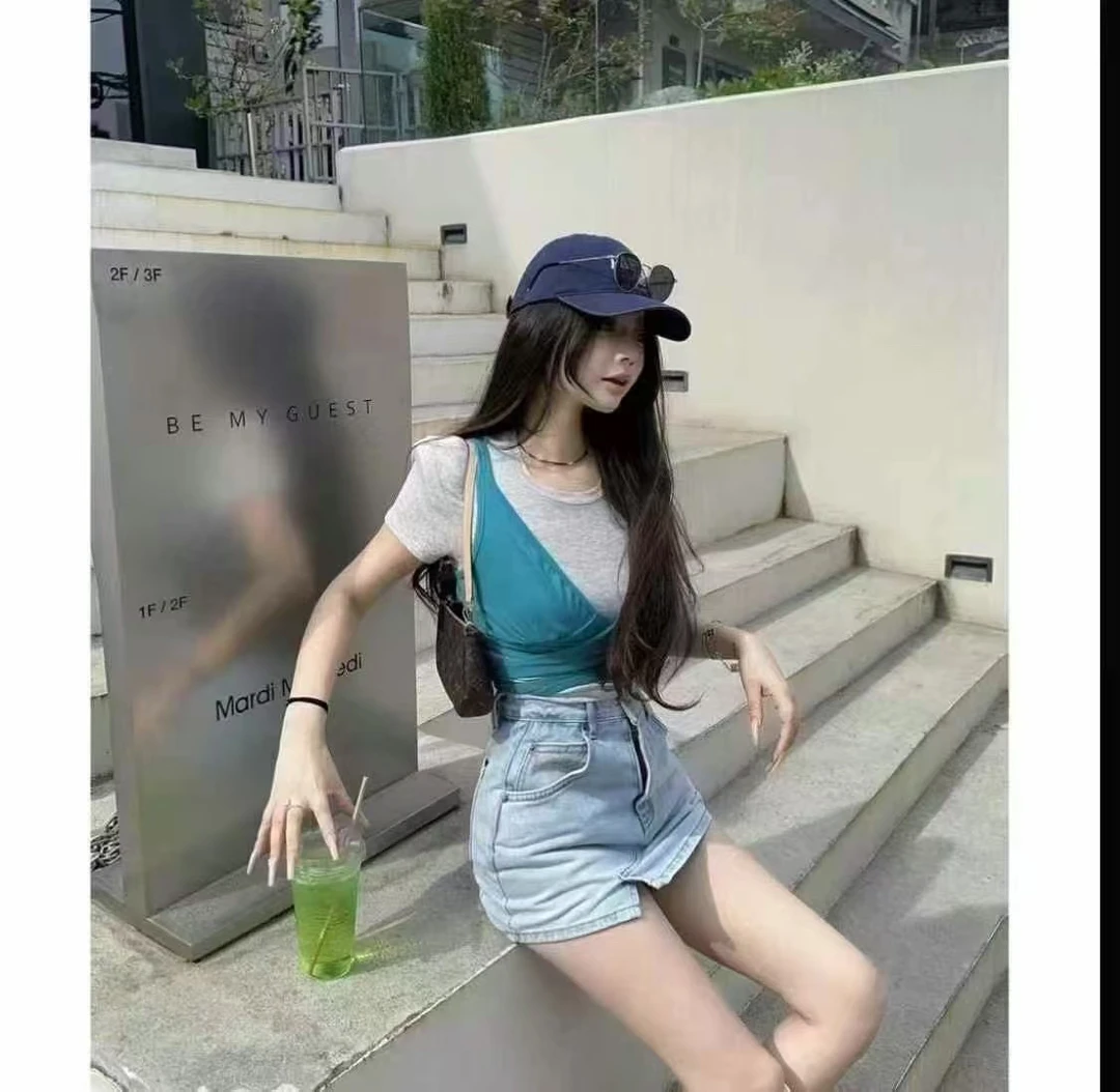 泡菜定制 韩系 光版短袖➕背心绑带两件套女