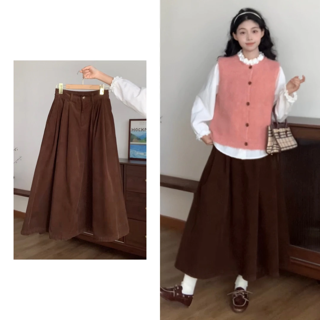 2148 “热可可”复古灯芯绒伞裙半身裙