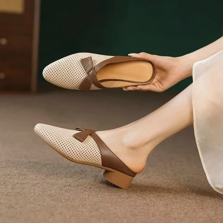 镂空透气包头半拖鞋女2025年夏季新款时尚百搭外穿中跟穆勒鞋