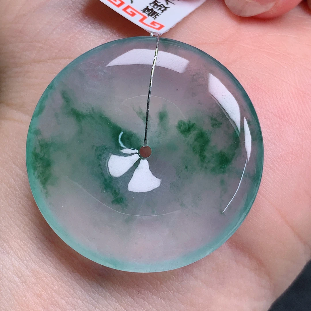 天然缅甸翡翠A货高冰飘花平安扣气质精美尺寸33+5.7 24