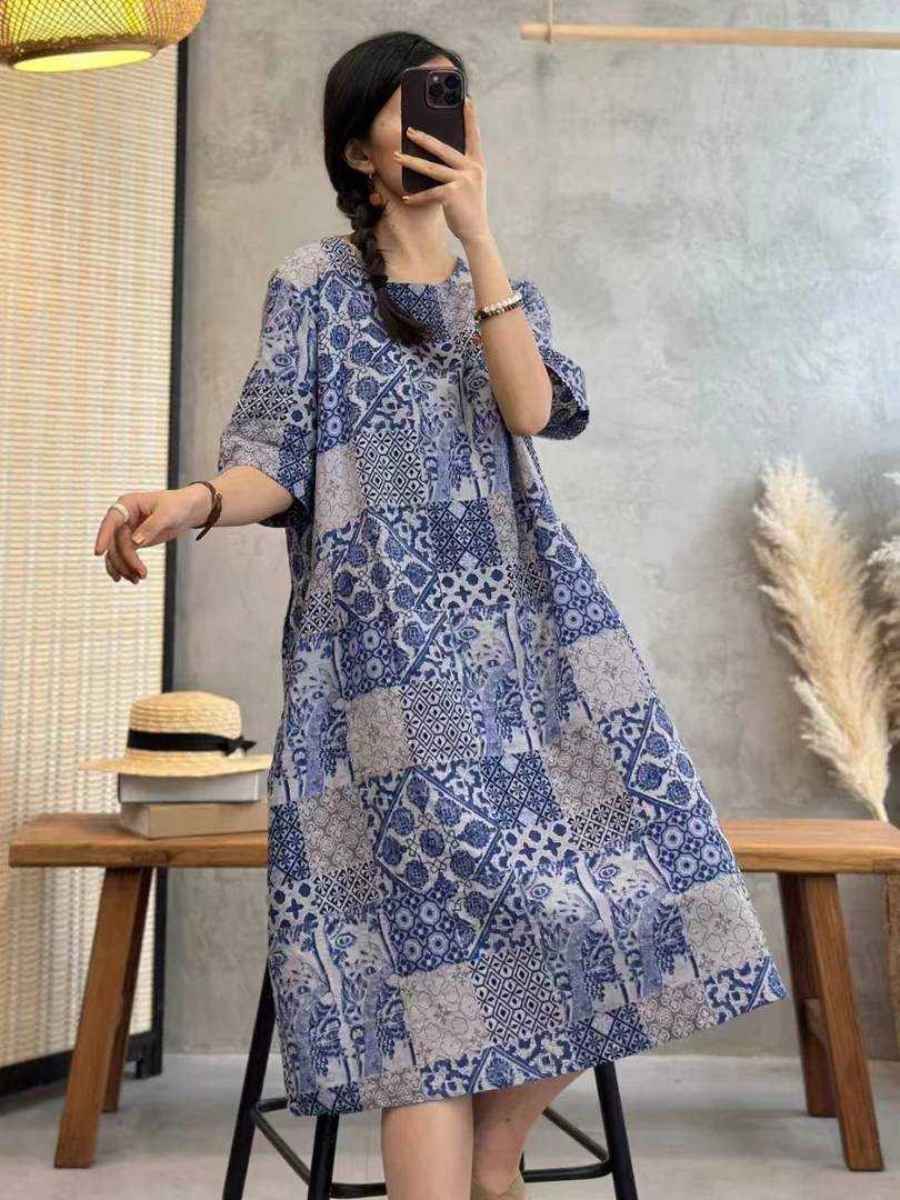 圆领百搭显瘦数码印花短袖花色麻料连衣裙女长裙 JL 17391-6