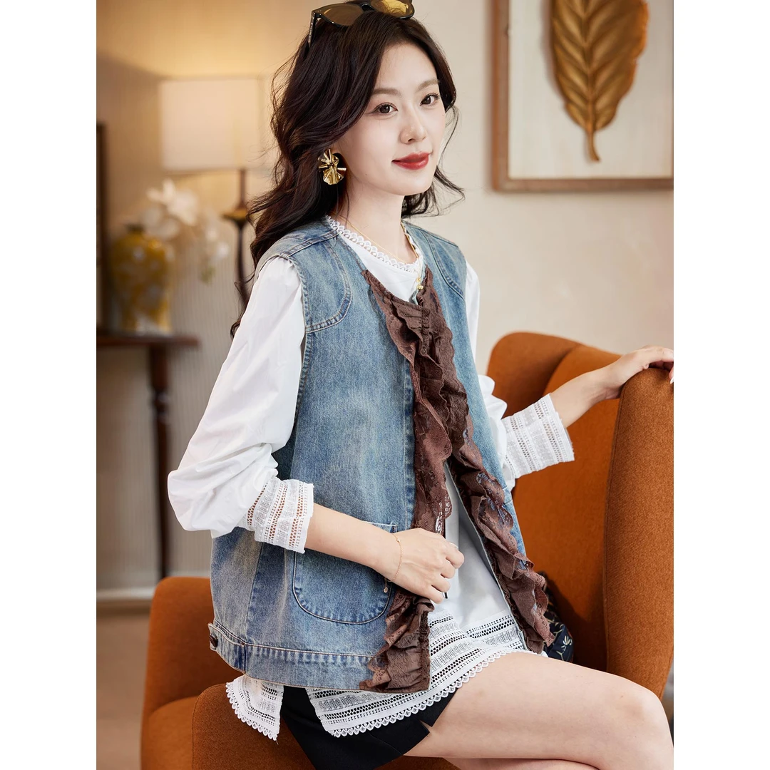 DUCURNO蕾丝拼接牛仔马甲外套女秋季新款复古百搭宽松休闲背心潮