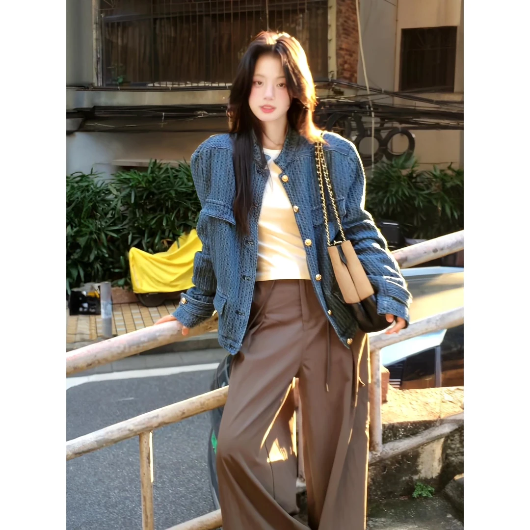 VOCKOO官方复古小香风立领长袖牛仔外套女秋季开衫小众宽松气质夹