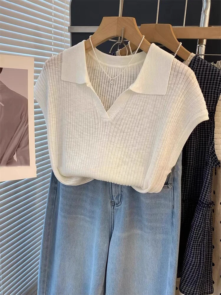 夏季时尚POLO领条纹针织衫网红薄款宽松套头女