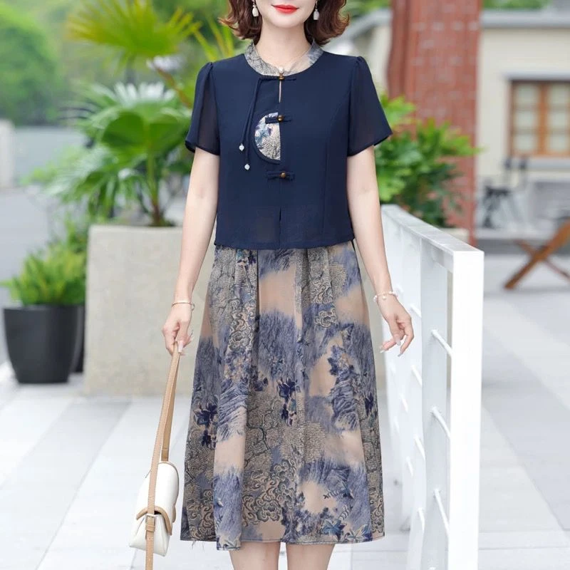 国风气质连衣裙妈妈装夏季新款中年女装新中式大码时尚短袖裙子