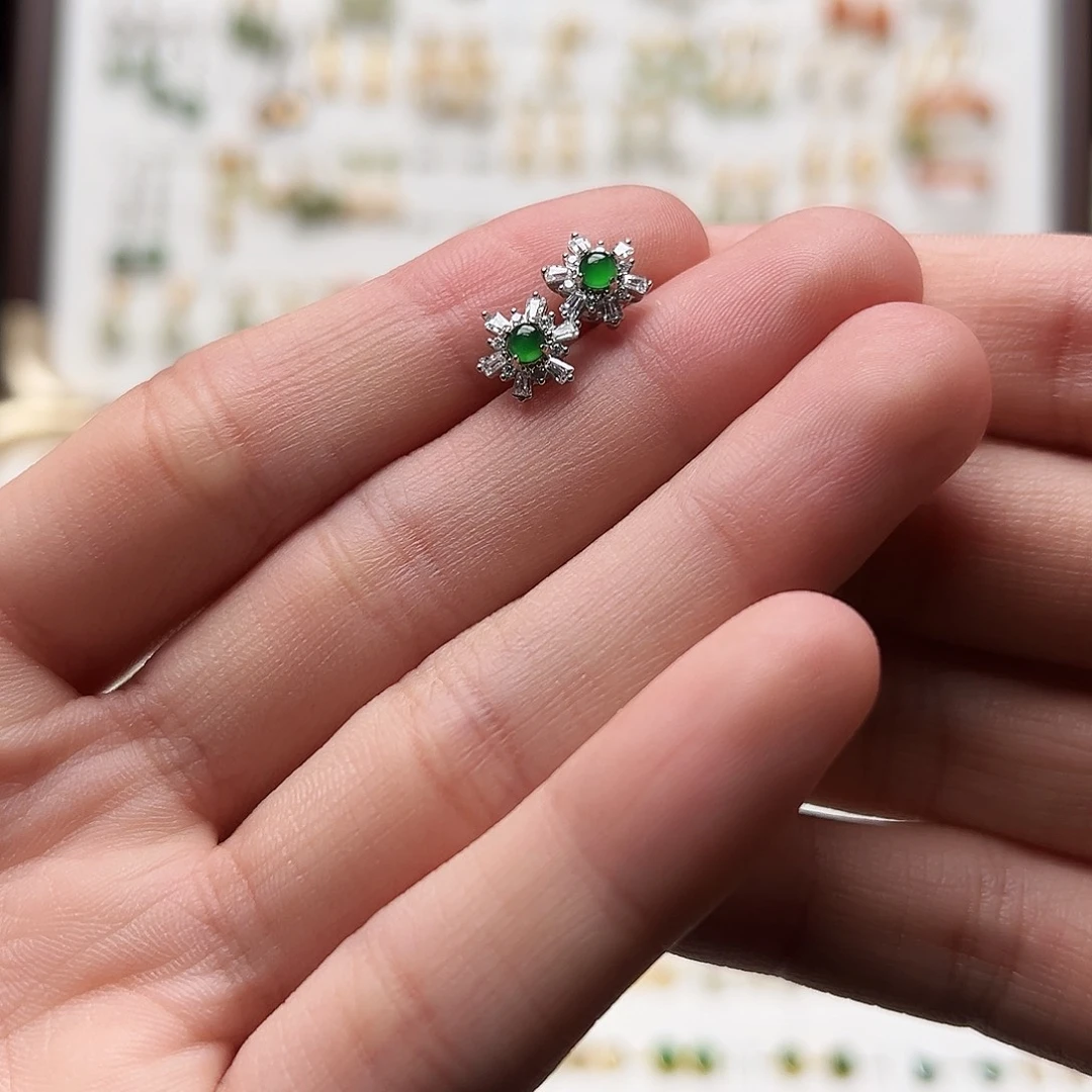 银S925镀金镶嵌和田玉耳钉