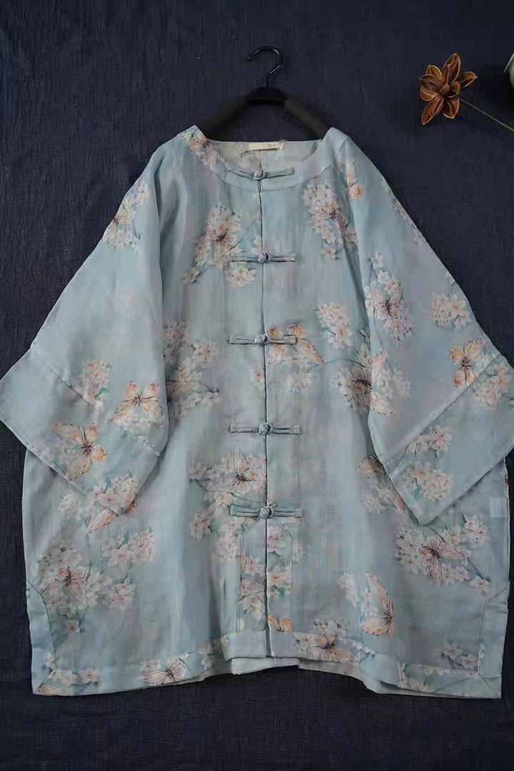 静家 25夏纯苎麻 蓝底蝴蝶圆领中长款对襟盘扣单层茶服