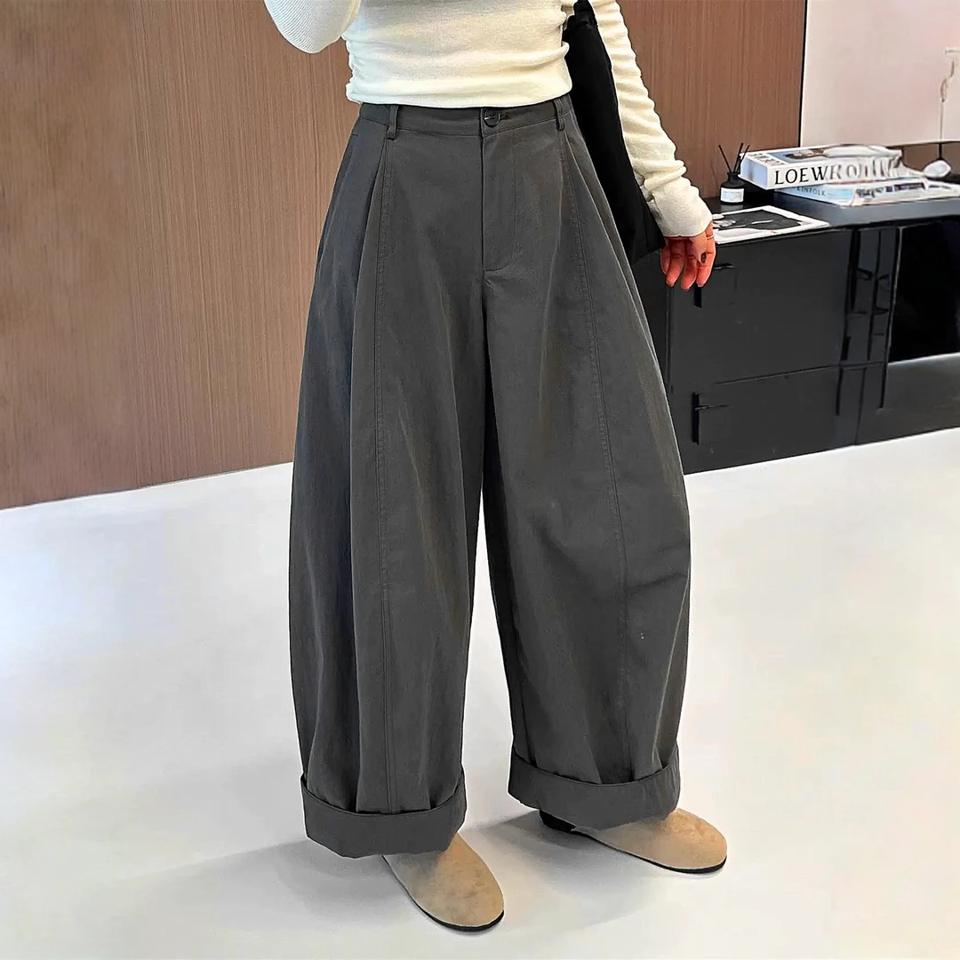 韩版高腰显瘦休闲弯刀直筒裤女加绒秋冬新款休闲百搭阔腿卷边长裤