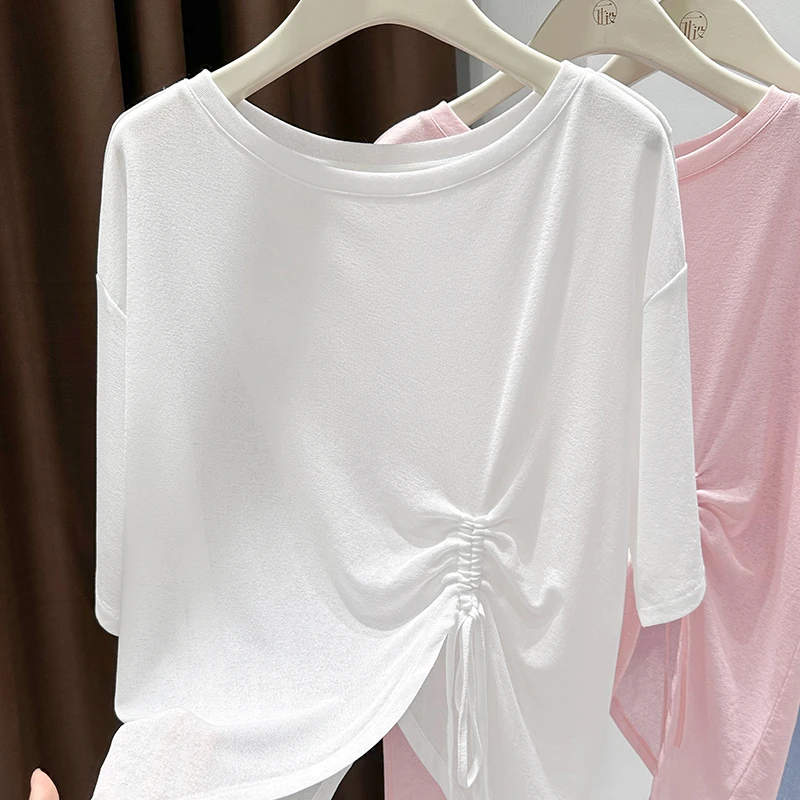 白色宽松大圆领宽松中袖上衣女2025夏季爆款外搭抽褶防晒罩衫T恤