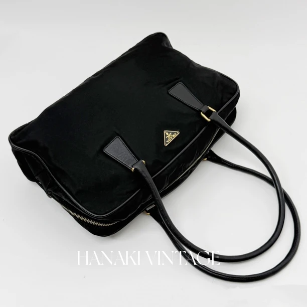 95新 Prada/普拉达 花绮中古/Prada黑色plume30尼龙单肩包