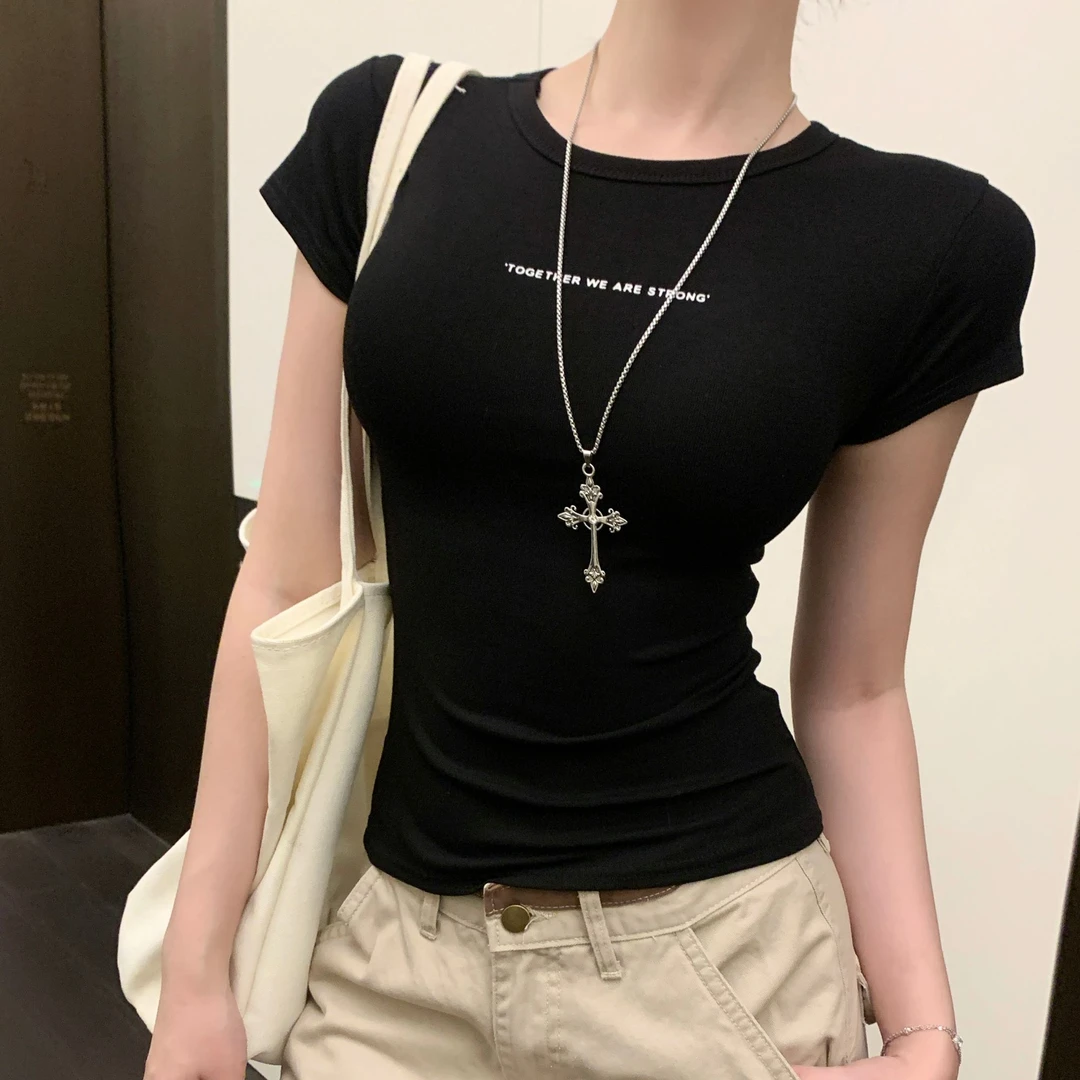 夏季独特别致修身显瘦正肩字母印花上衣设计感小众短袖t恤女