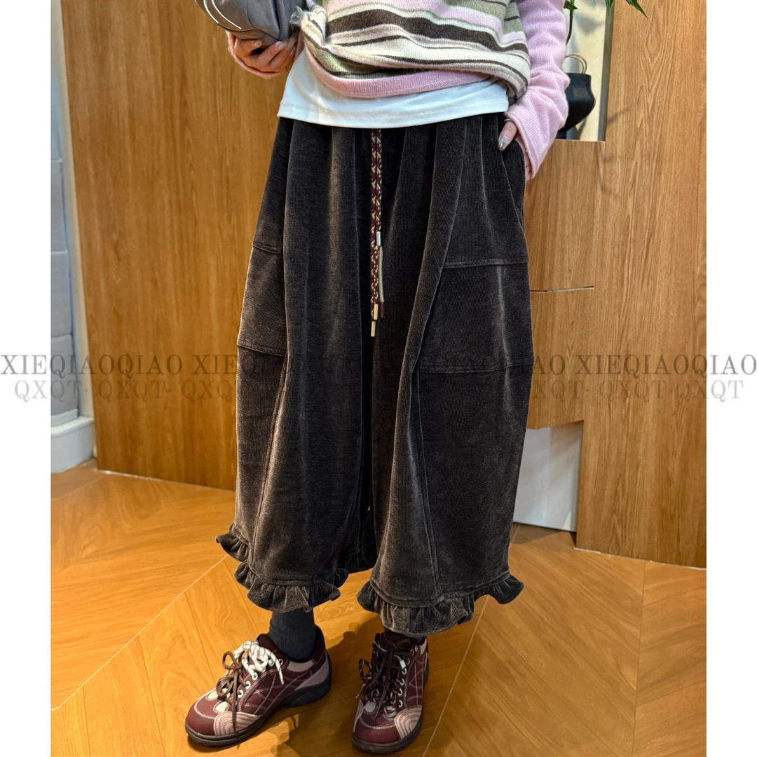 谢荞荞「黎奈花笺」加绒加厚松紧腰抽绳可调节金棕绒花边休闲阔腿裤