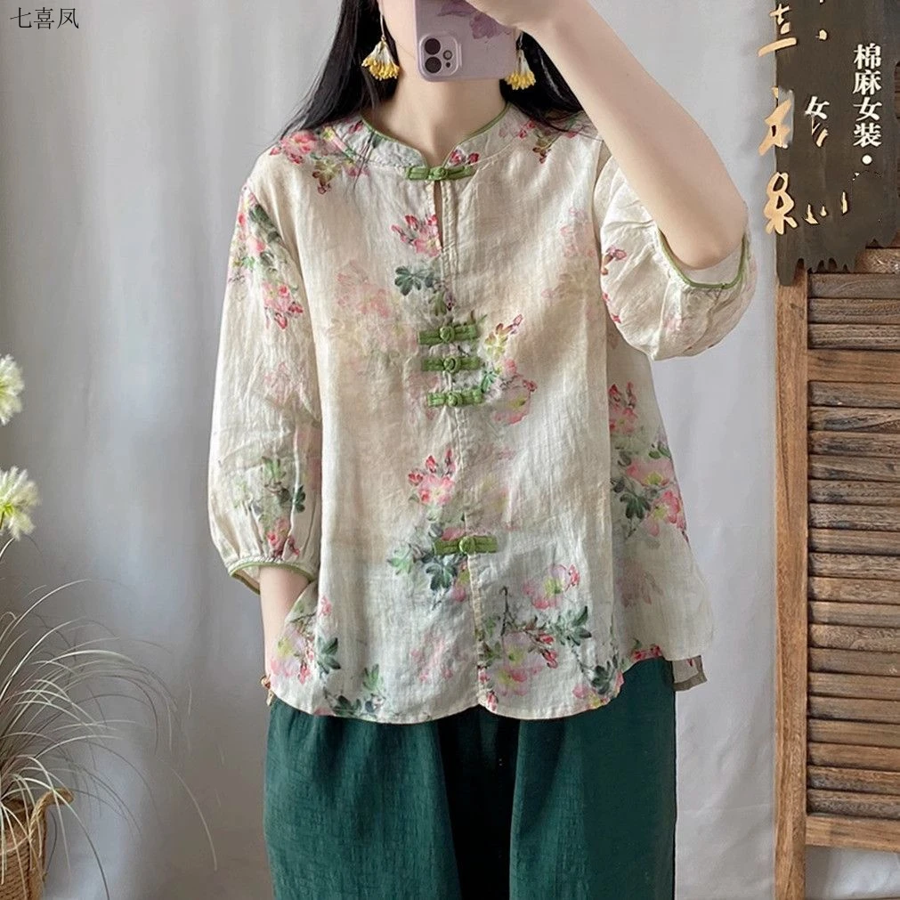 宽松短款印花上衣七分袖文艺盘扣苎麻女衫春夏秋蓝粉红杏色