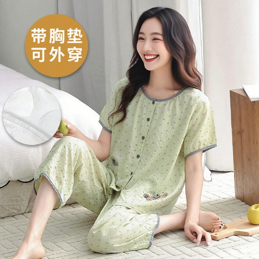 女士睡衣夏季短袖七分裤套装自带胸垫一体休闲舒适家居服薄款外穿