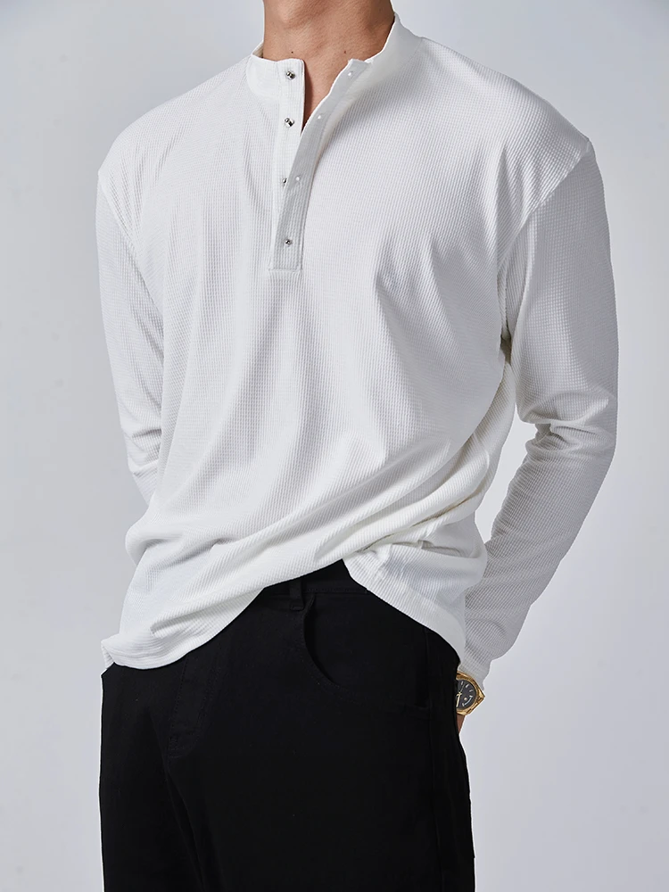 春夏新款华夫格长袖T恤百搭宽松痞帅金属扣高级感设计打低