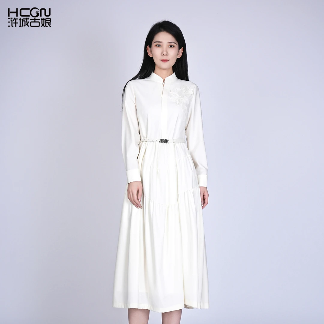 欧若风春夏中式收腰显瘦长款女百搭精致刺绣南鸢连衣裙HBSS010061