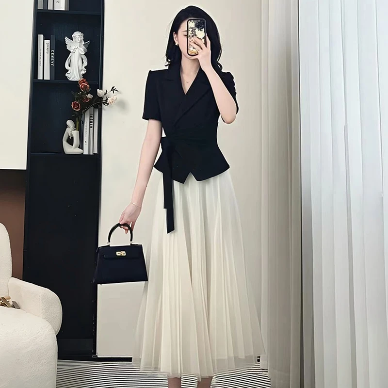 【两件套】【有内衬】夏季新时尚百搭优美女神大裙摆上衣+半身裙D1066