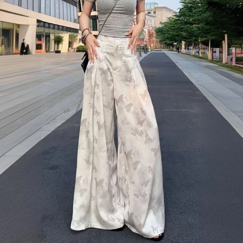 淳启水墨蝴蝶印花醋酸阔腿裤女西装裤裙裤夏季拖地裤冰丝国风加长
