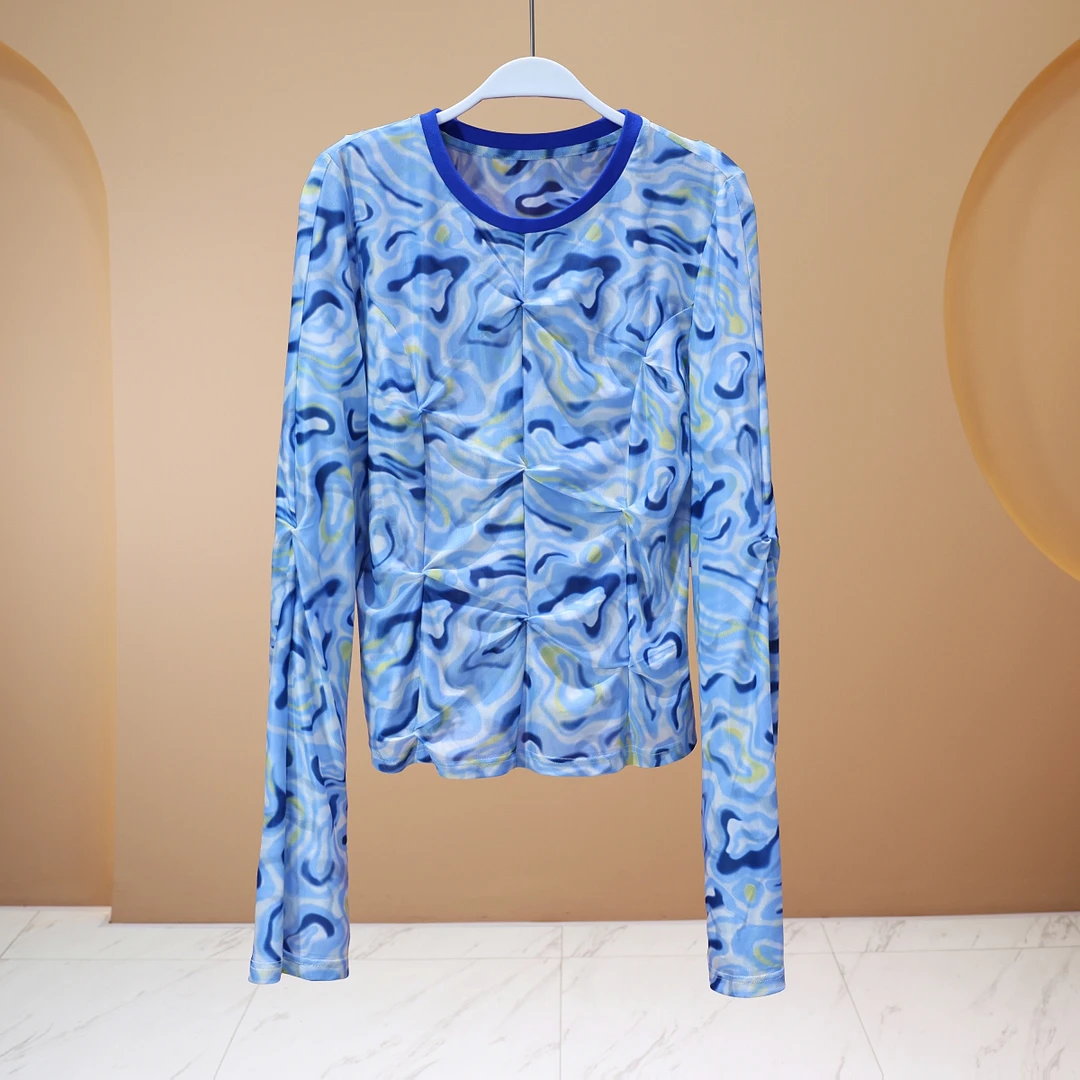 【程二女装】2025春夏季蓝色抽象图案印染网纱修身上衣 6638