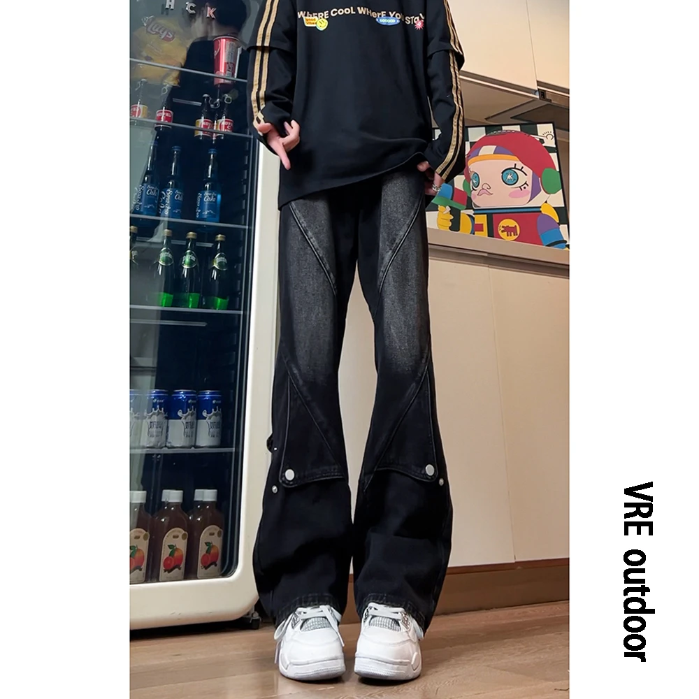 美式解构排扣牛仔裤拼接工装潮男高级感百搭裤子直筒修身微喇叭裤