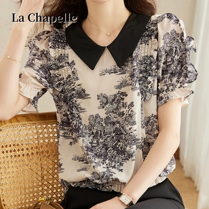 拉夏贝尔雪纺衫女短袖夏2025新款小衫复古风女装中国风娃娃领上衣