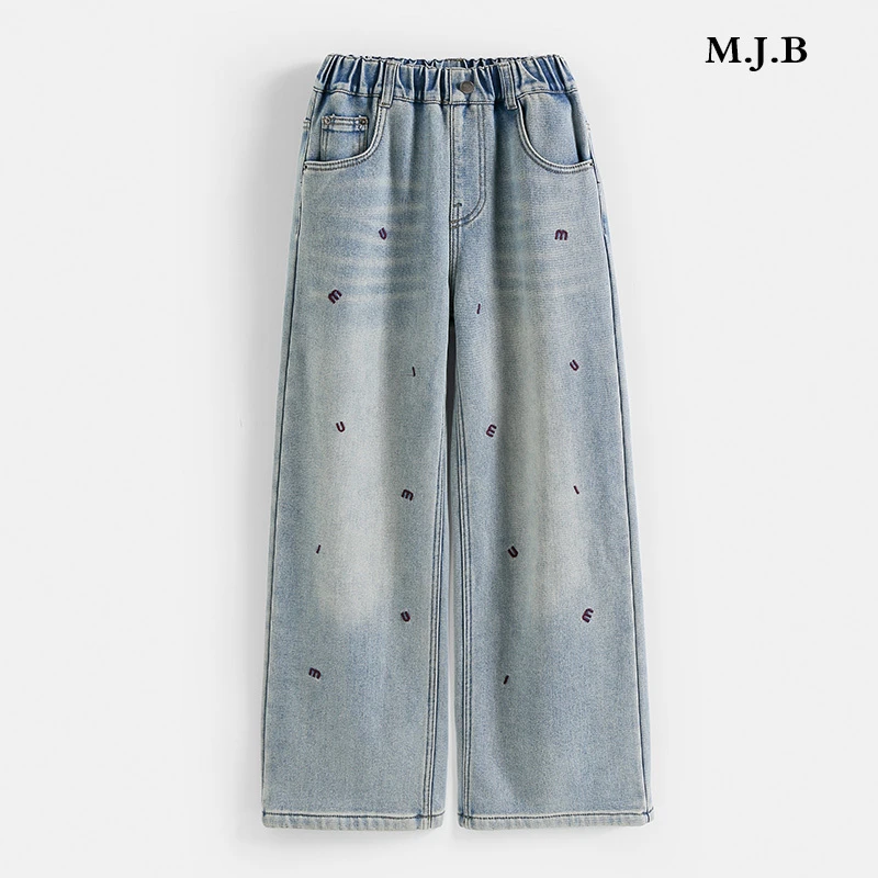 绣花字母加绒牛仔裤24926