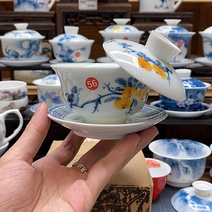 手绘喜柿图悬停盖碗150cc釉下彩微瑕福利款