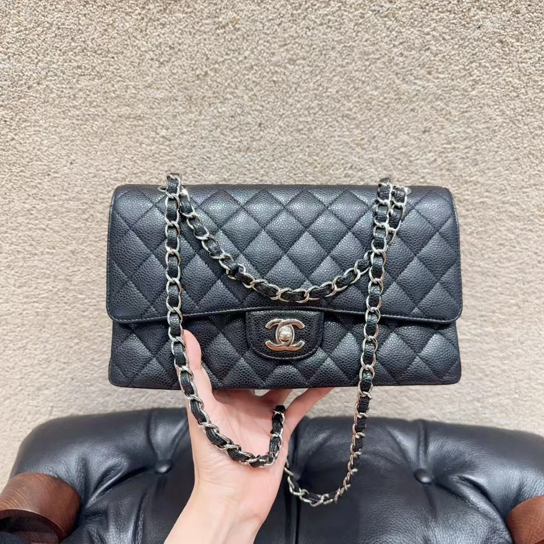 99新 Chanel/香奈儿 Chanel cf中号 黑银荔枝牛皮 14开 工价89700