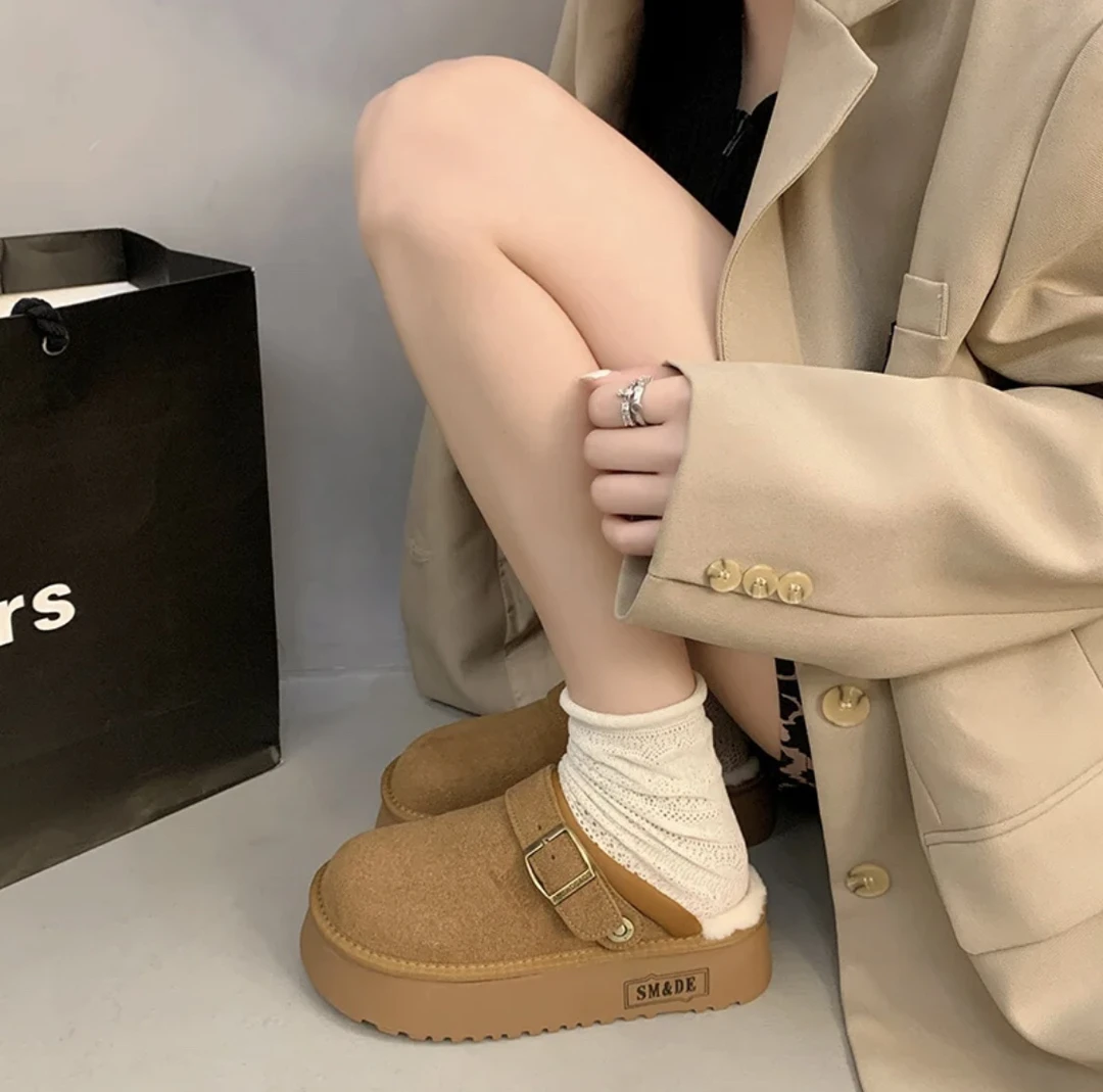 休闲包头拖半拖加绒防滑平底圆头厚底英伦风159-51