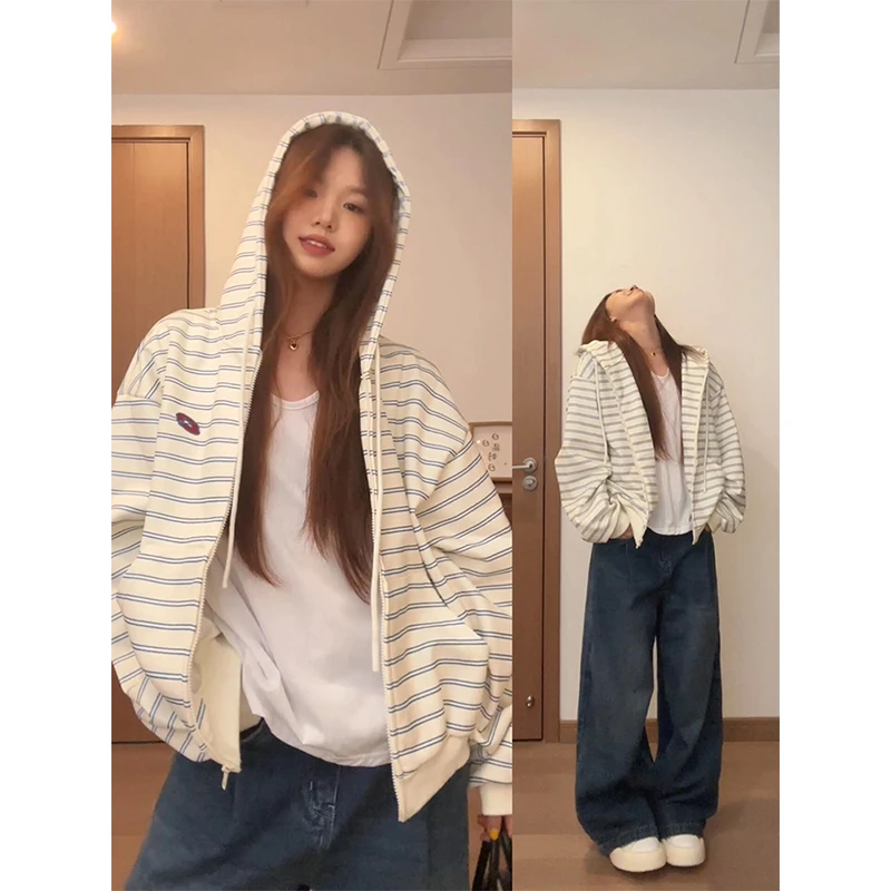 韩系慵懒风短款条纹连帽薄款卫衣女春秋冬宽松设计感开衫拉链外套