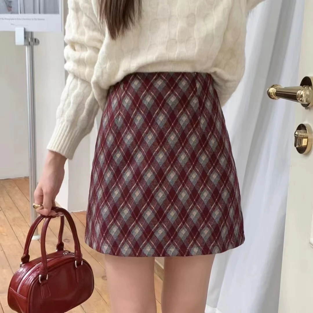 短裙包臀格子安可拉红显瘦高腰时尚百搭ins秋冬格纹女士毛呢