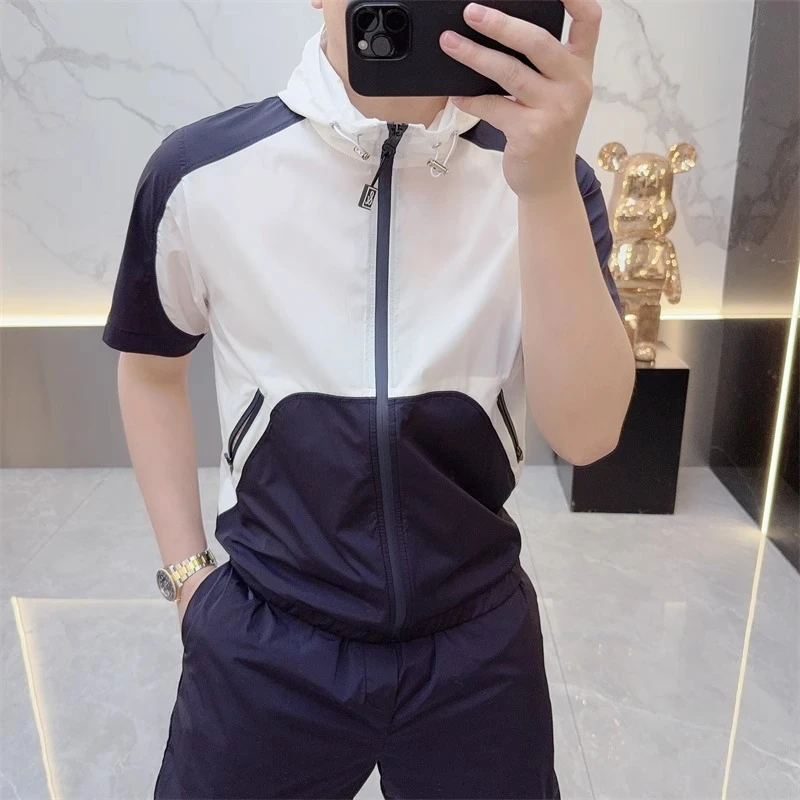 欧货轻奢夏季高品质短袖T恤男拉链连帽套装时尚百搭短裤两件套潮
