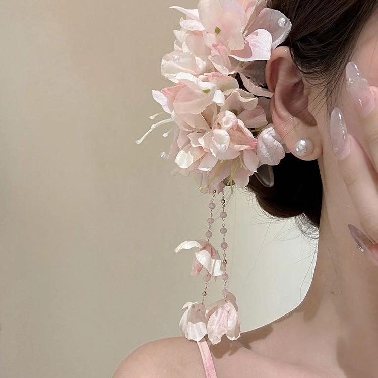 【海棠依旧】唯美粉色花朵流苏发夹女夏季度假拍照氛围感发饰