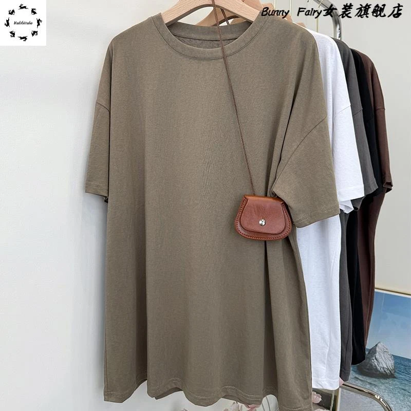 搭配鲨鱼裤大版t恤女中长款落肩短袖夏季百搭潮流圆领薄款上衣潮