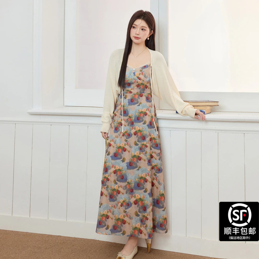 蓝语大码女装复古油画碎花吊带裙针织开衫2025秋季显瘦套装00520