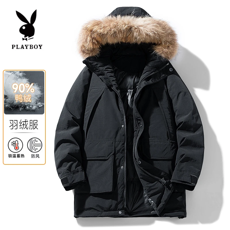 花花公子中长款工装羽绒服男款冬季加厚保暖大毛领工装派克服外套