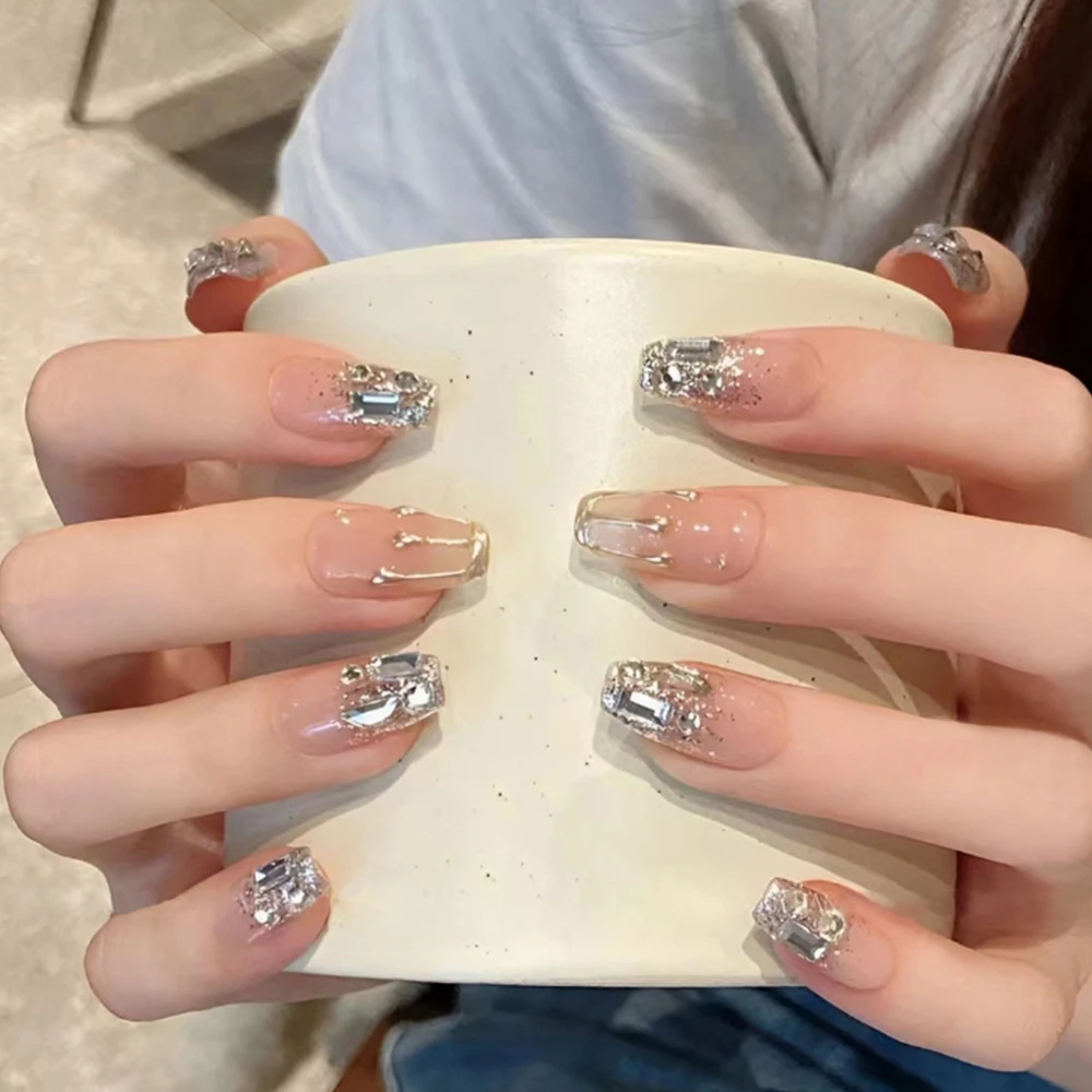 【碎闪银河】QXJ穿戴甲成品银边法式爆闪碎钻指甲贴片高级感美甲