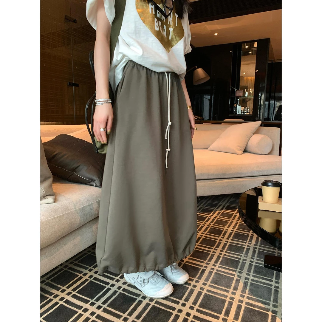 区区欧阳松紧腰抽绳半身裙女秋季新款高腰显瘦卫裙复古中长款裙子