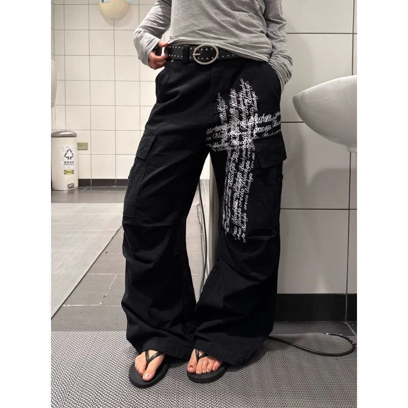 美式多口袋字母印花工装休闲裤男女新款高级感宽松阔腿裤显瘦长裤