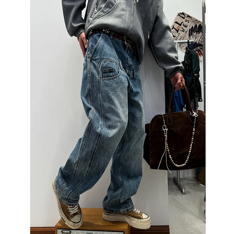 升级版巴家立体多折位伐木工装牛仔裤 喷马骝潮牌哈伦直筒跨牛