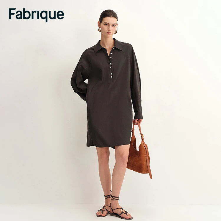 Fabrique Abi 早秋新品水洗灰棕桑蚕丝棉宽松衬衫休闲通勤连衣裙