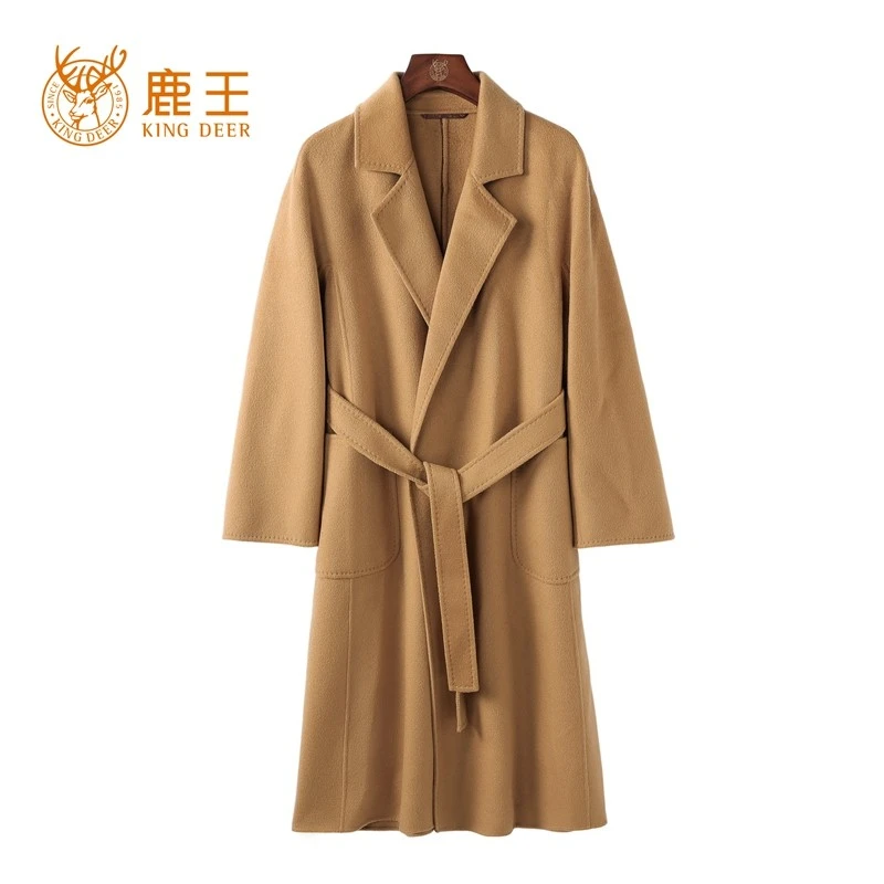 编码LX195鹿王24秋冬新款女翻领100山羊绒经典浴袍系带长款女大衣