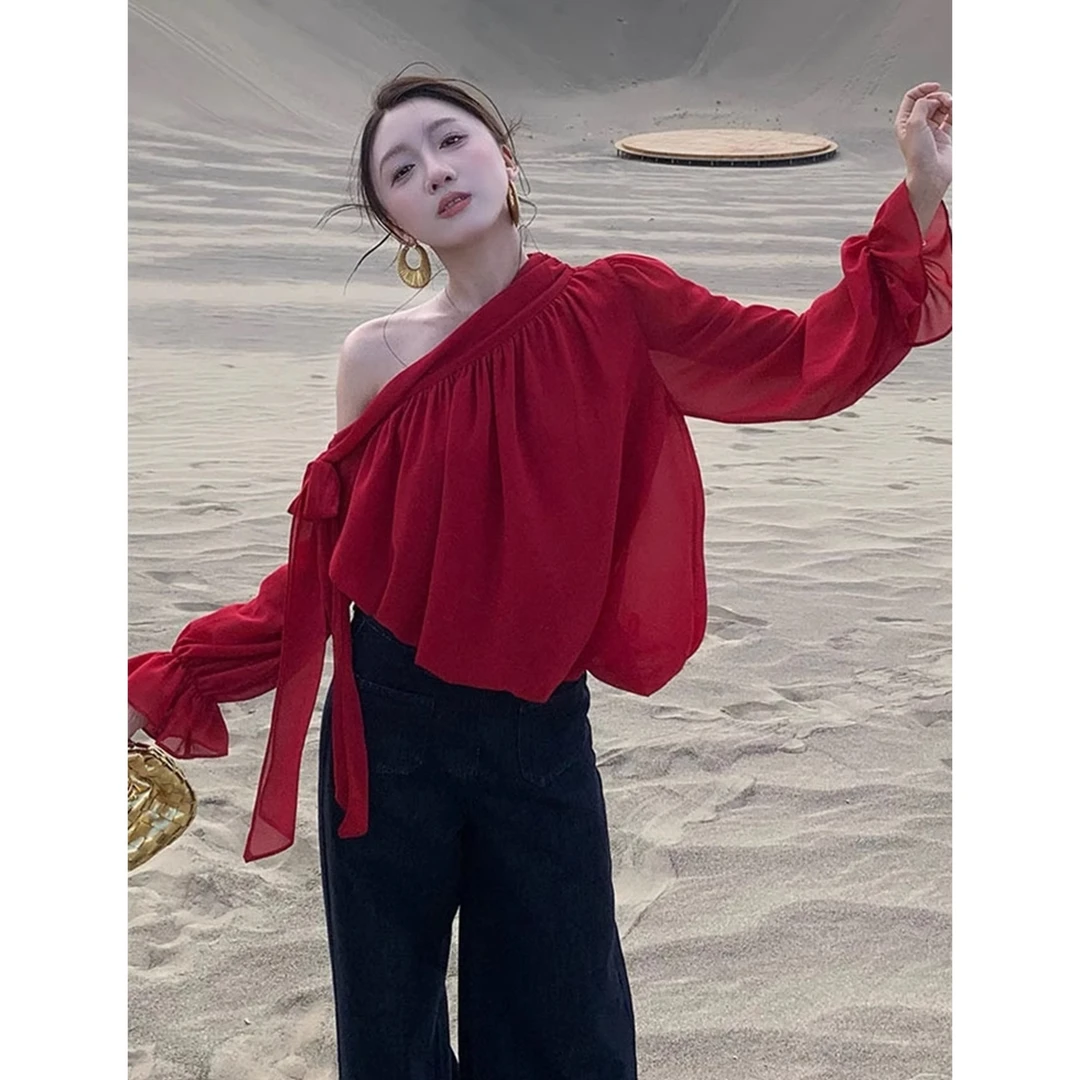 夏季流行多巴胺绝美漂亮上衣气质高级感御姐风情万种红色露肩衬衫