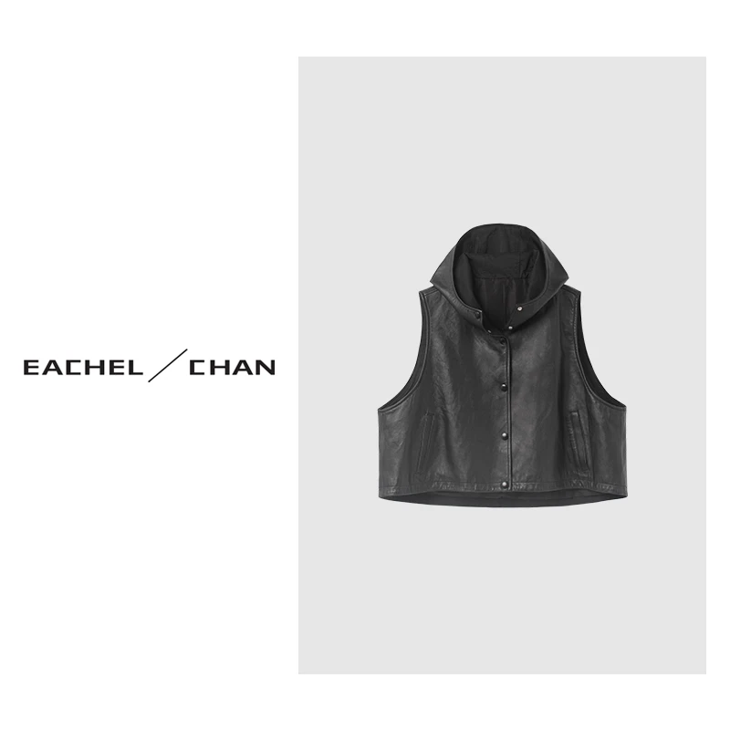 【柒柒专属】马吉家宽松连帽皮衣马甲1093