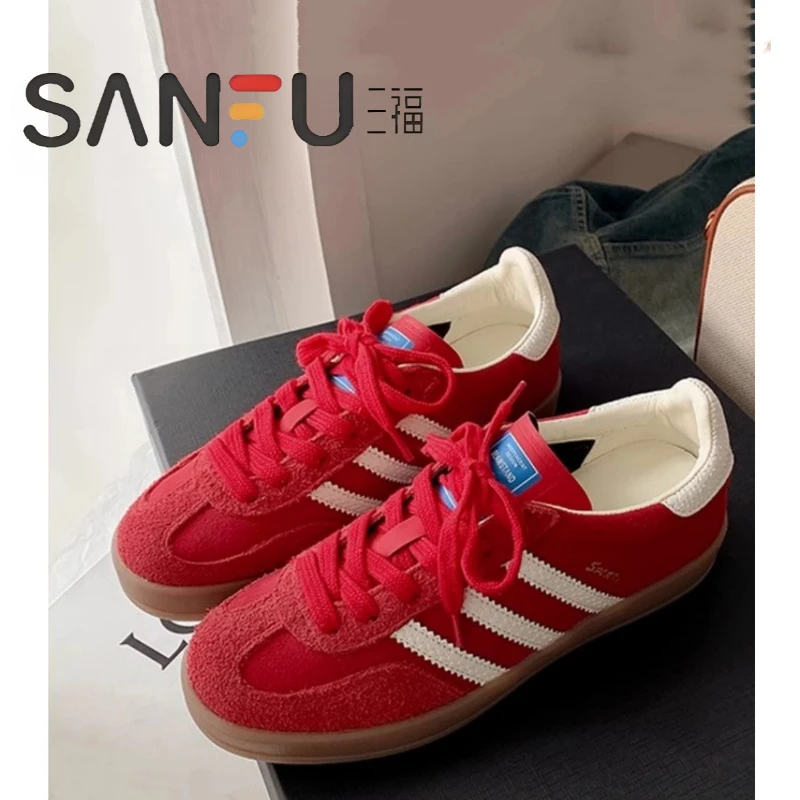 三福复古红色德训鞋女2025春秋韩版系带平底休闲板鞋阿甘鞋潮鞋