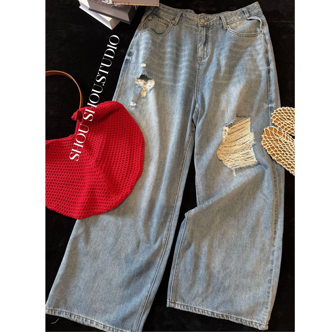 【瘦瘦】破洞牛仔-大码夏季高腰宽松显瘦垂感直筒拖地牛仔裤S01800