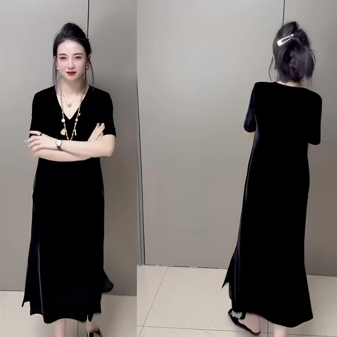 新款欧货时尚洋气气质女显瘦丝绒短袖长款开叉名媛连衣裙