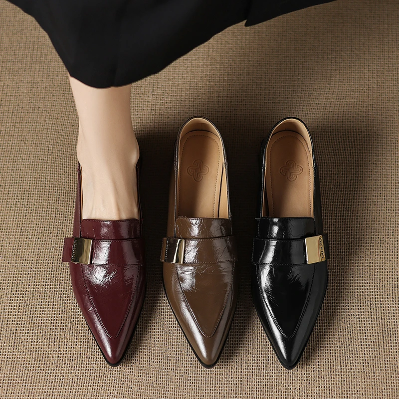 头层牛皮3cm粗跟英伦风气质尖头乐福鞋女春秋真皮复古深口单鞋